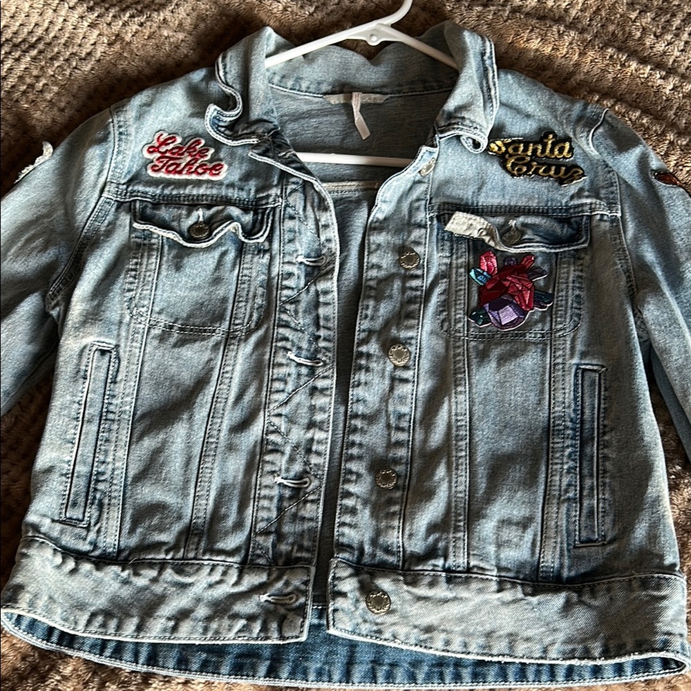 Free People Blue Jean Jacket with Embroidered Details